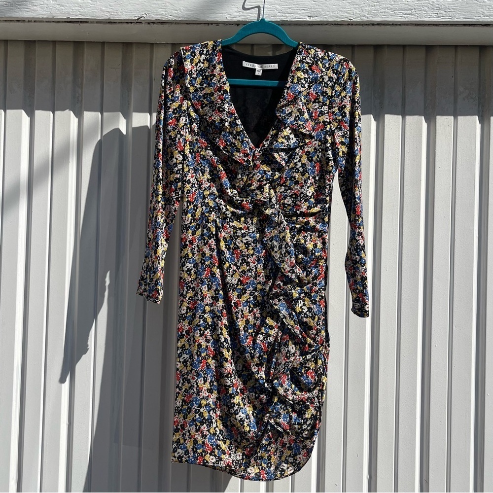 Veronica Beard black silk floral ruffle long sleeve mini dress